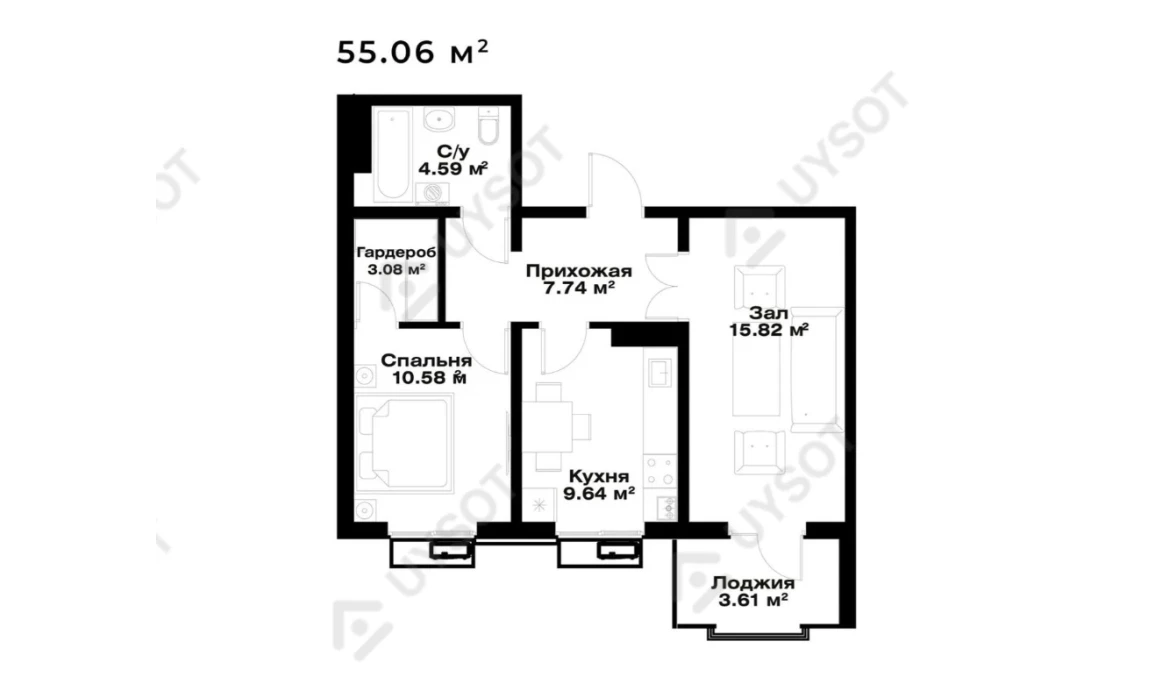 2-комнатная квартира 55.6 м²  2/2 этаж