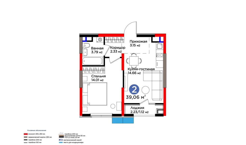 2-xonali xonadon 39.38 m²  8/8 qavat