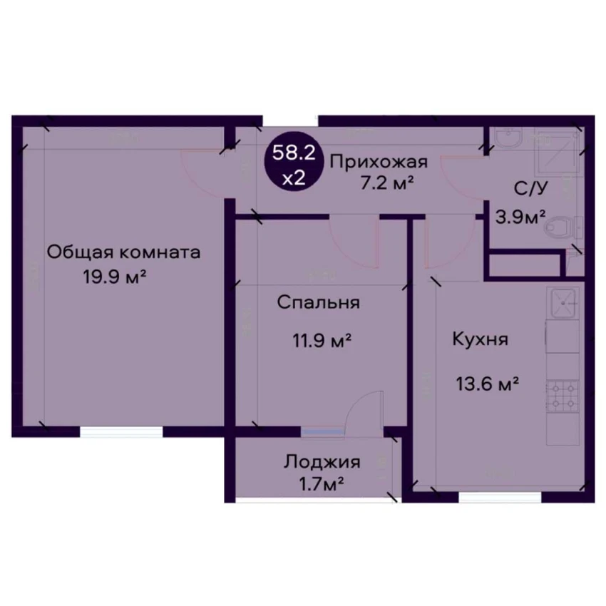 2-комнатная квартира 58 м²  2/2 этаж