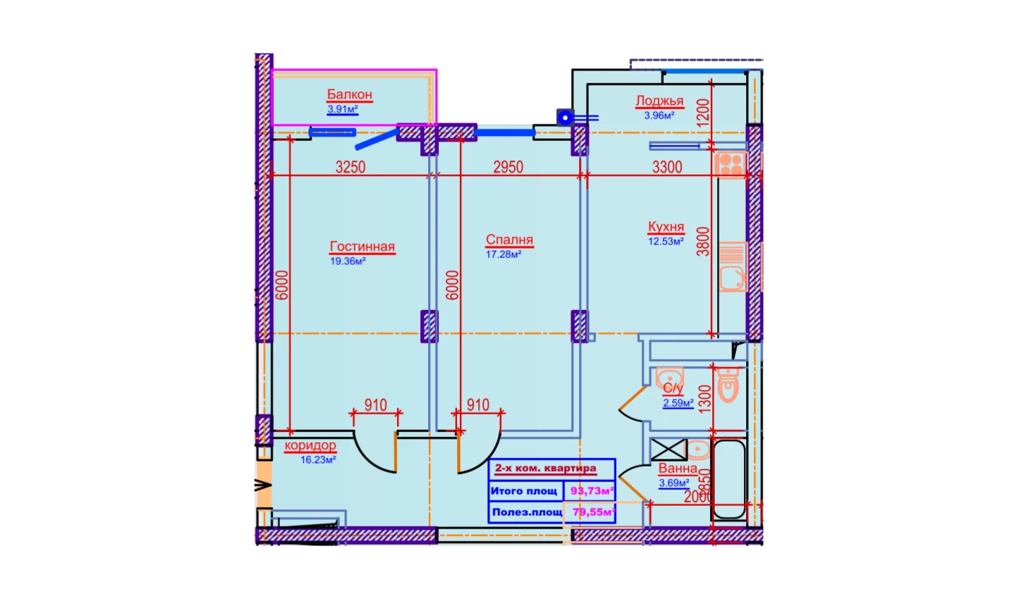 2-xonali xonadon 93.73 m²  12/12 qavat