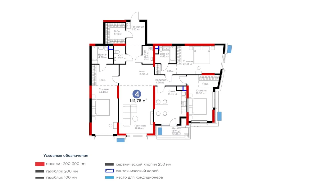 4-комнатная квартира 141.78 м²  6/6 этаж