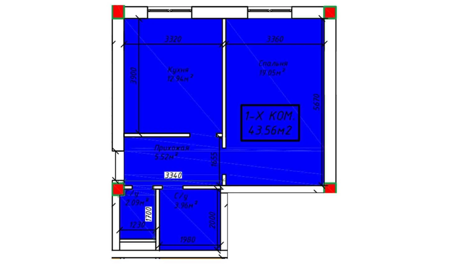 1-xonali xonadon 43.56 m²  2/2 qavat