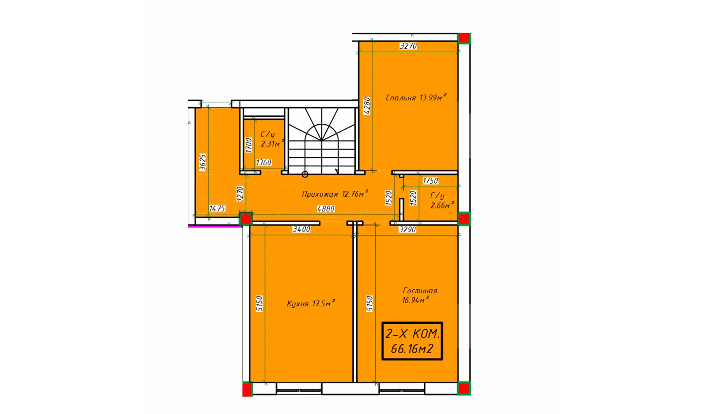 2-комнатная квартира 66.16 м²  1/1 этаж