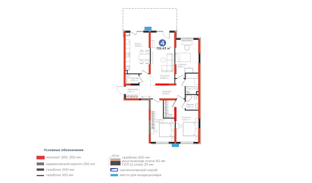 4-комнатная квартира 119.43 м²  1/1 этаж