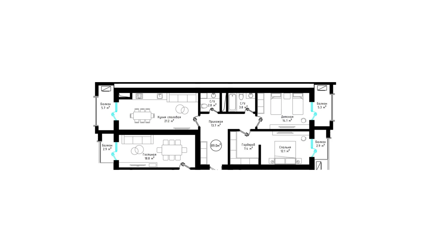 2-xonali xonadon 89 m²  7/7 qavat