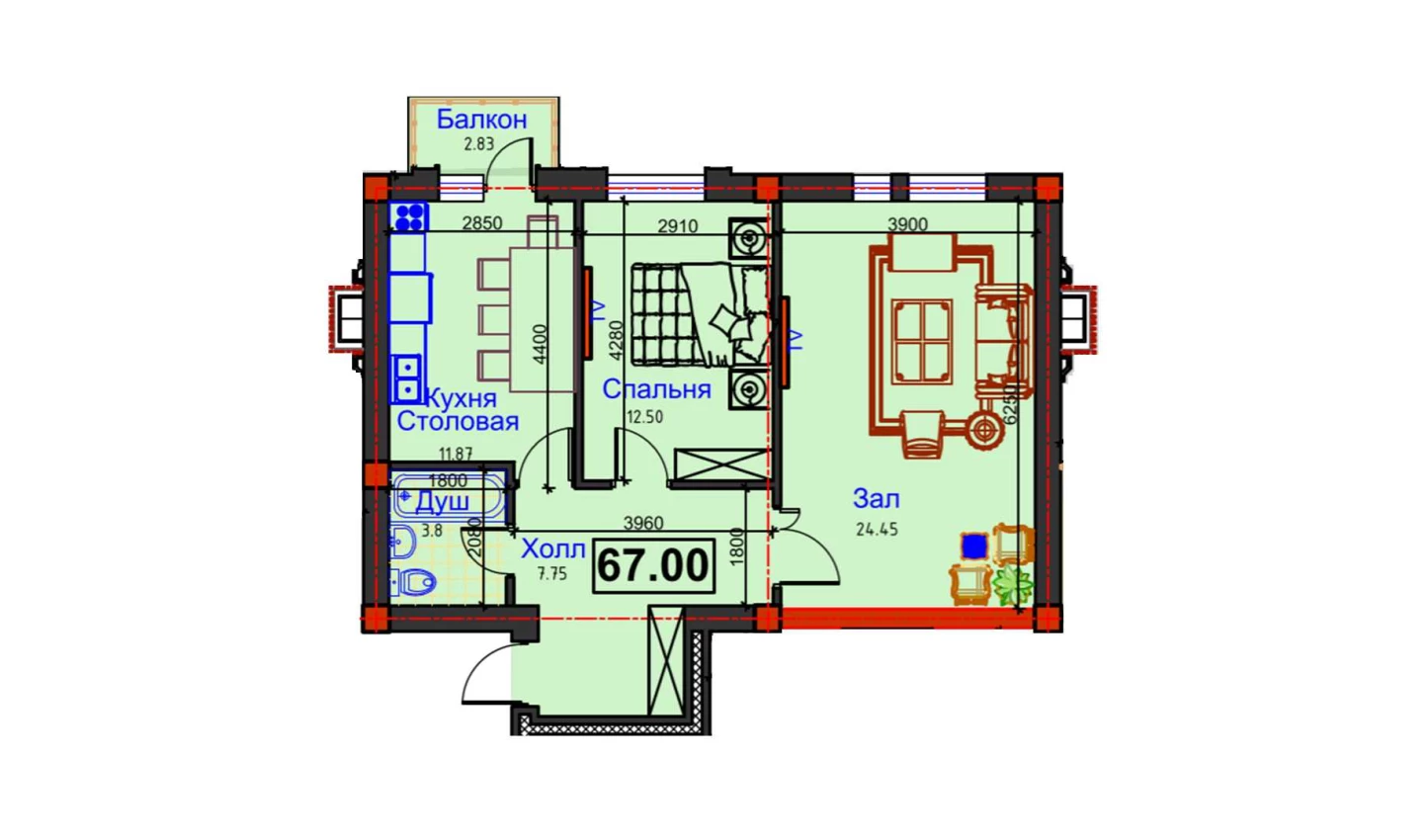 2-комнатная квартира 67 м²  3/3 этаж