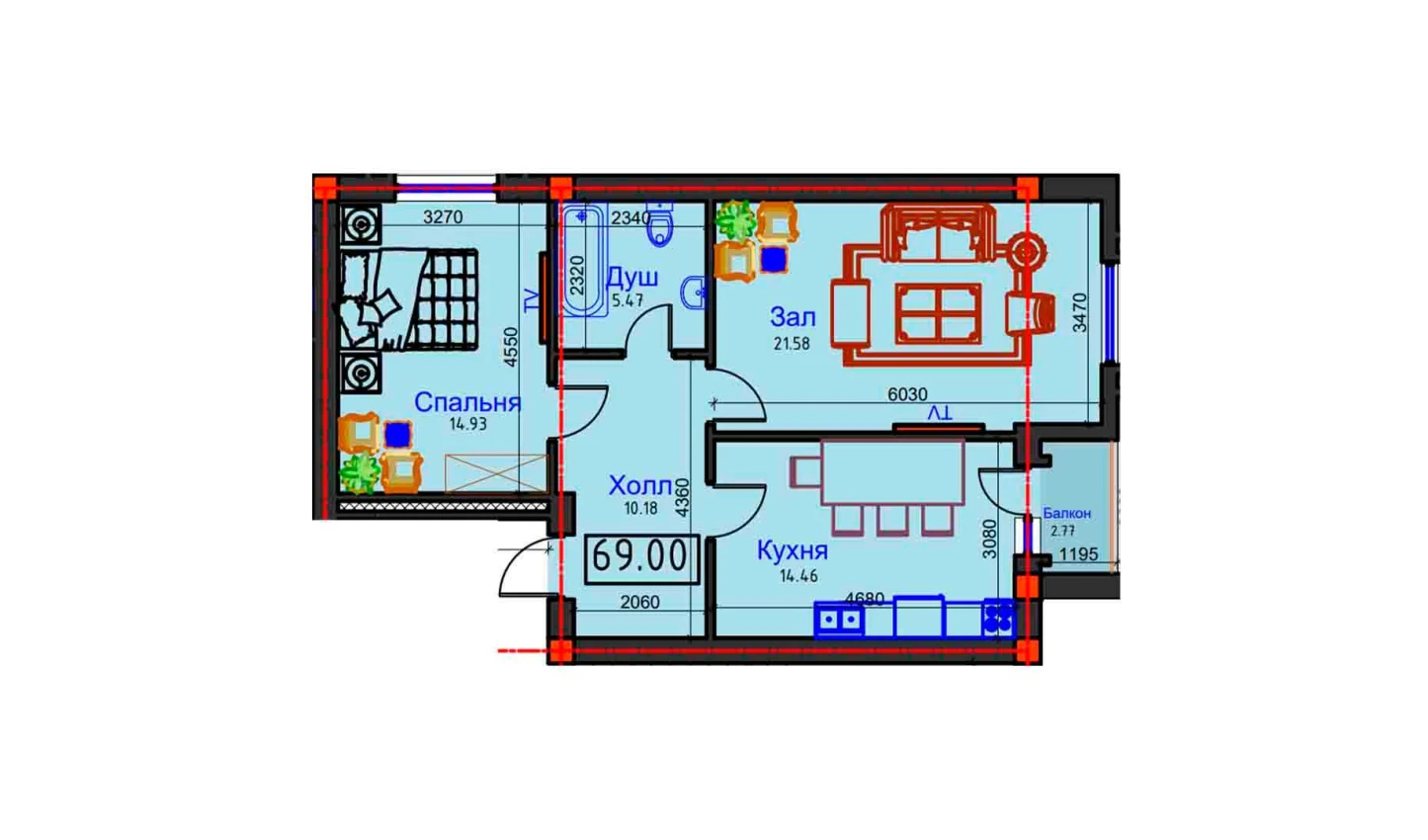 2-комнатная квартира 69 м²  7/7 этаж