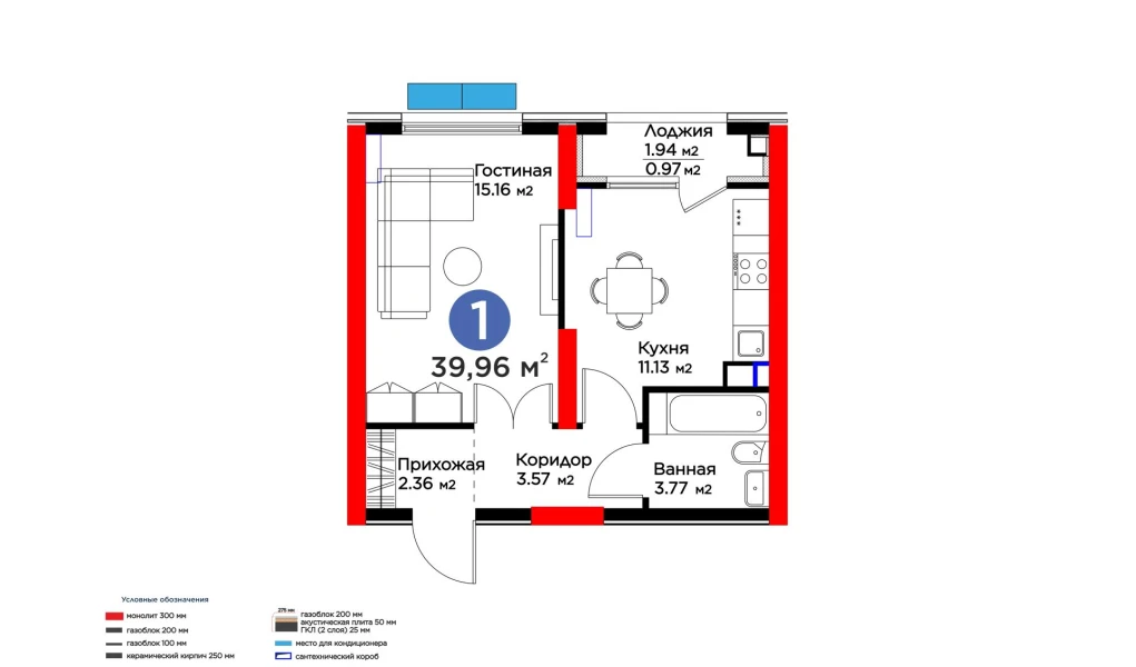 1-комнатная квартира 36.96 м²  2/2 этаж