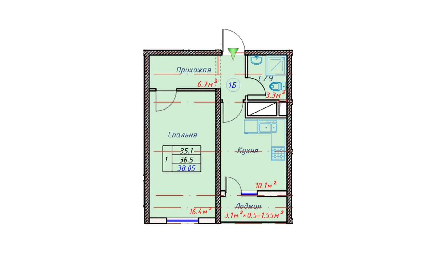 1-xonali xonadon 38.05 m²  10/16 qavat | TRINITY Turar-joy majmuasi