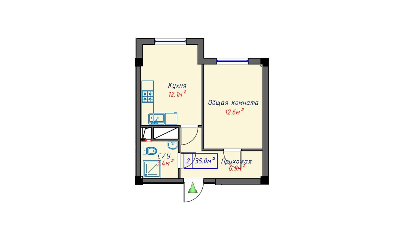 1-комнатная квартира 35 м²  0/0 этаж