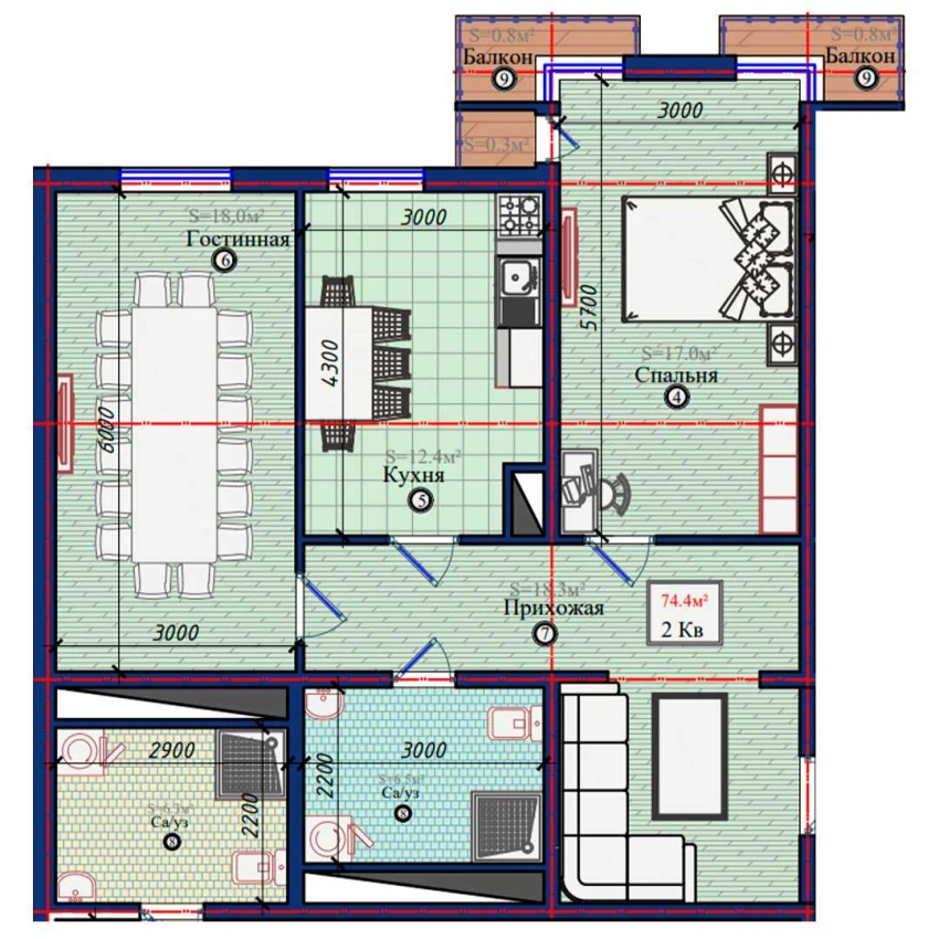 2-комнатная квартира 74.4 м²  6/6 этаж