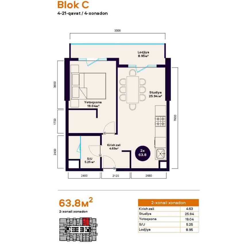 2-комнатная квартира 56.85 м²  3/3 этаж