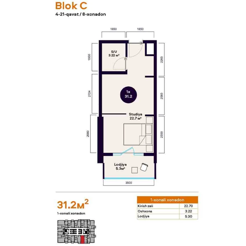 1-комнатная квартира 31.2 м²  5/5 этаж