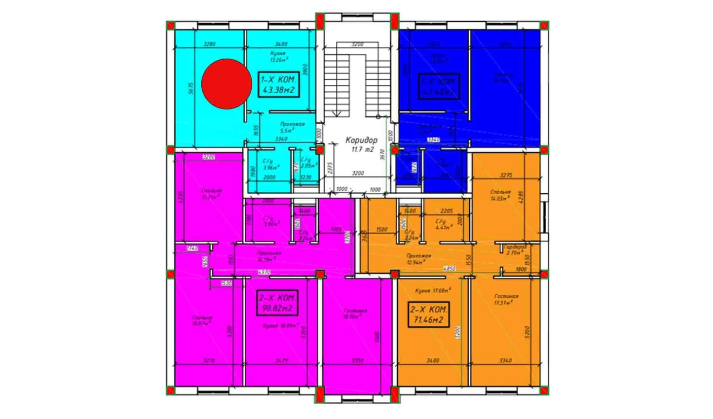 1-xonali xonadon 43.38 m²  2/2 qavat