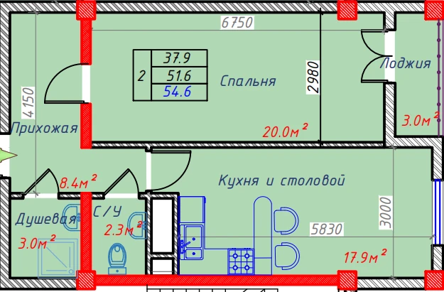 2-xonali xonadon 54.6 m²  4/4 qavat