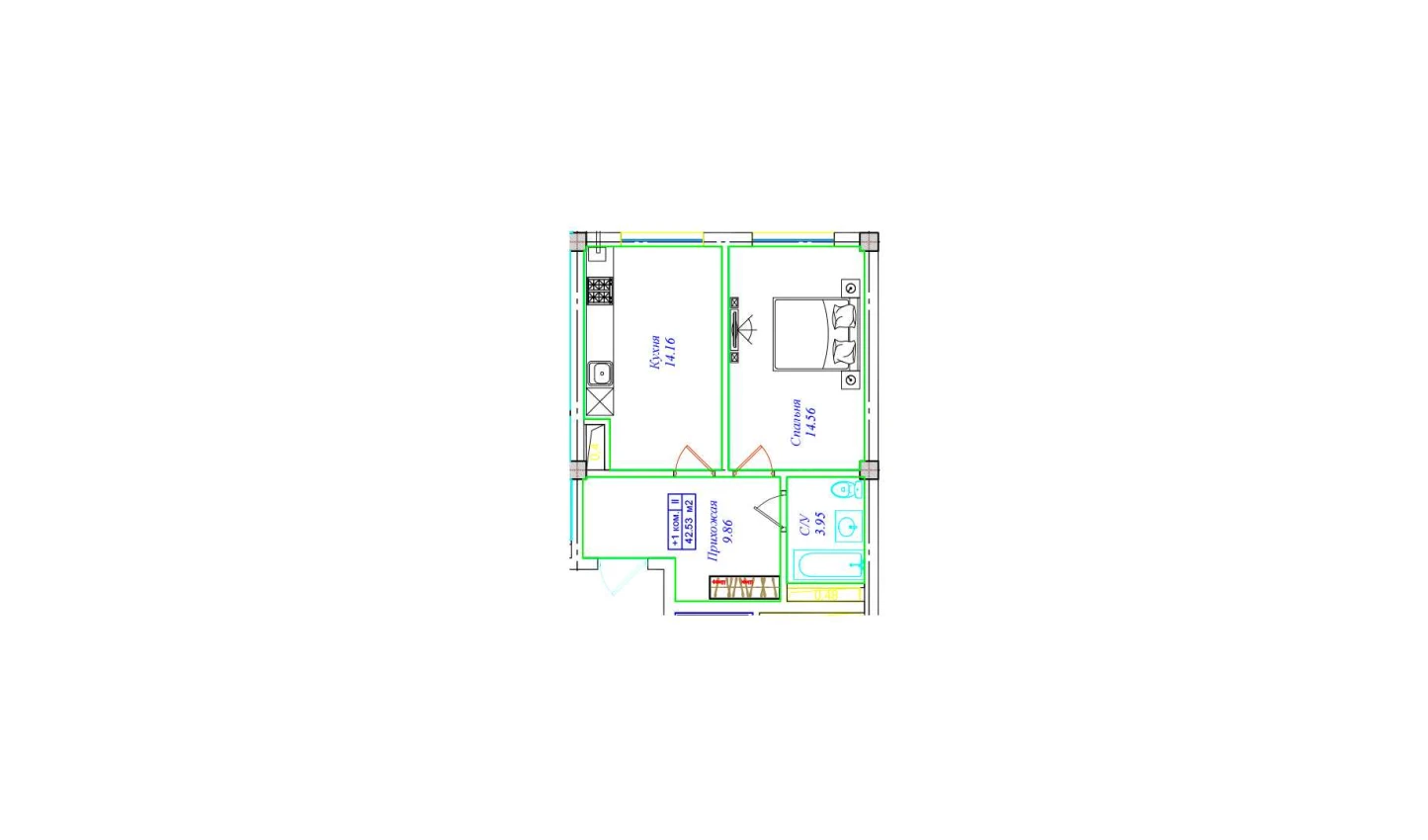 1-комнатная квартира 42.53 м²  6/6 этаж