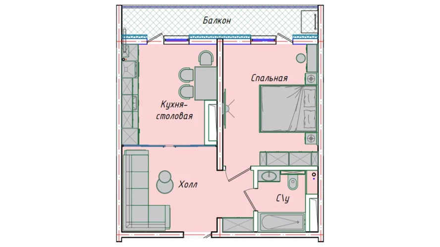 1-комнатная квартира 43.98 м²  9/9 этаж