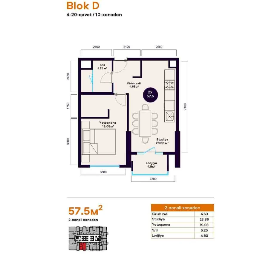 2-комнатная квартира 57.5 м²  19/19 этаж