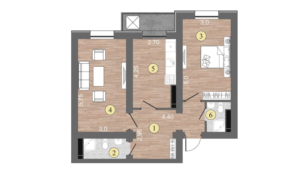 2-комнатная квартира 60 м²  3/3 этаж