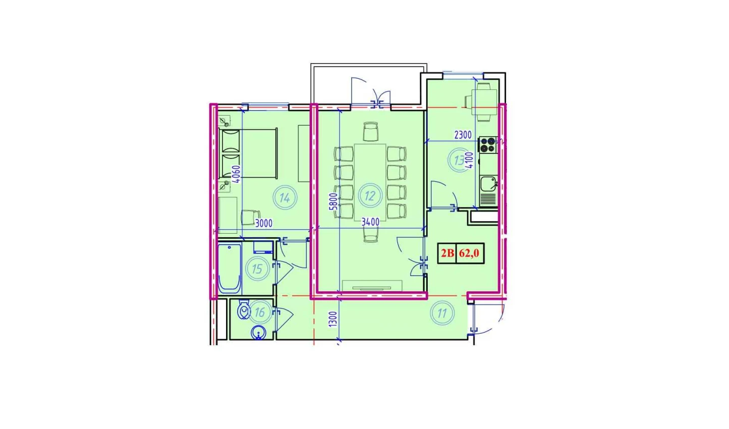 2-комнатная квартира 62 м²  9/9 этаж