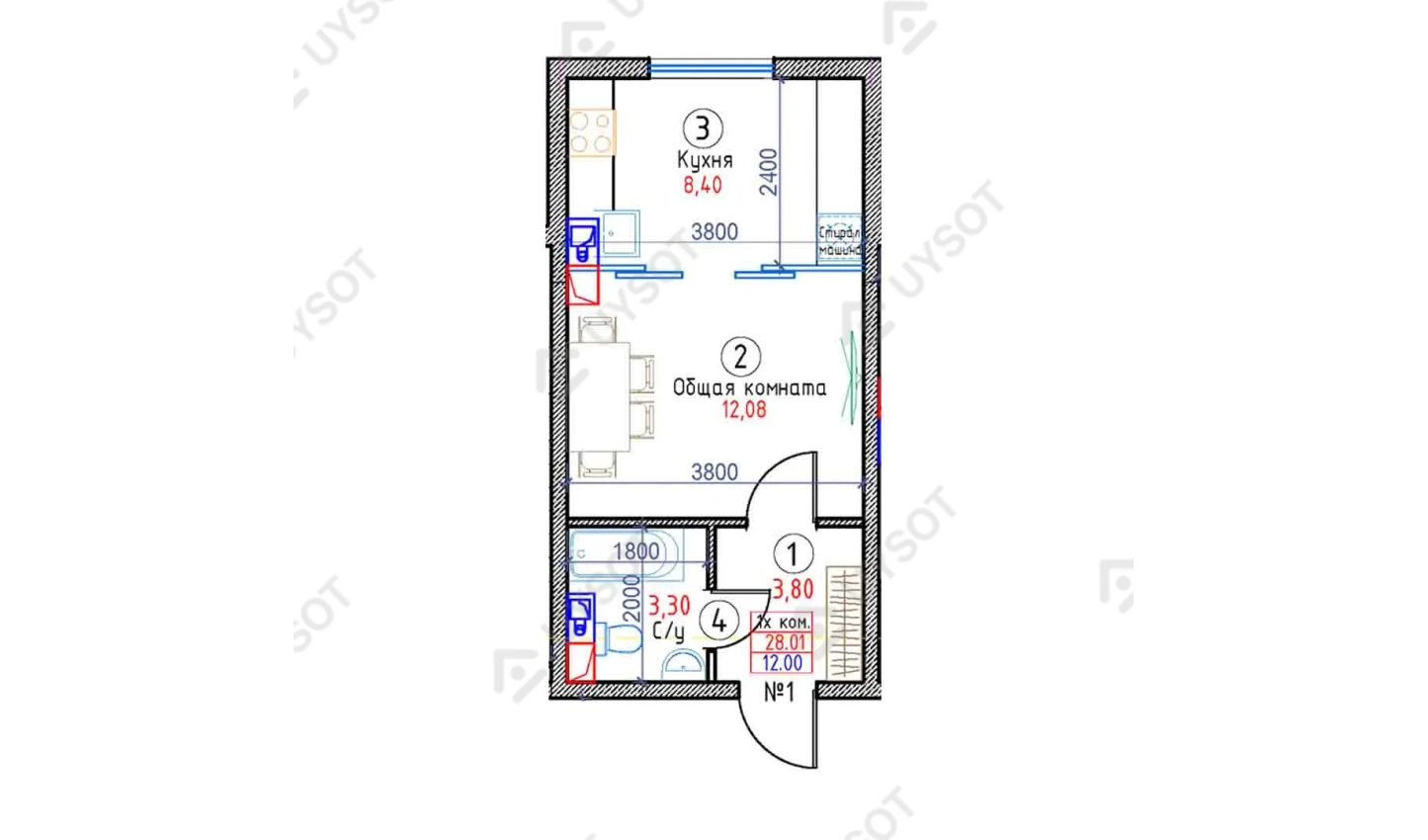 1-xonali xonadon 28.01 m²  2-8/2-8 qavat