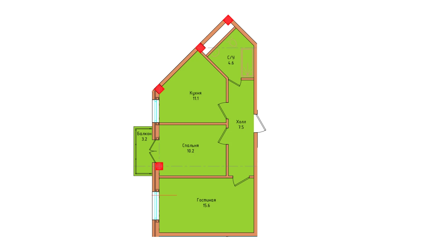 2-xonali xonadon 50.07 m²  4/4 qavat