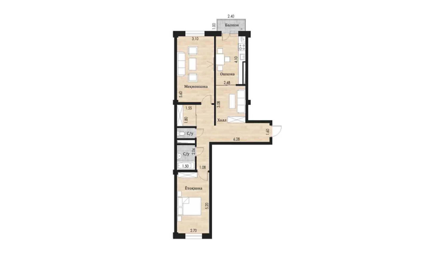 2-комнатная квартира 73.44 м²  4/4 этаж