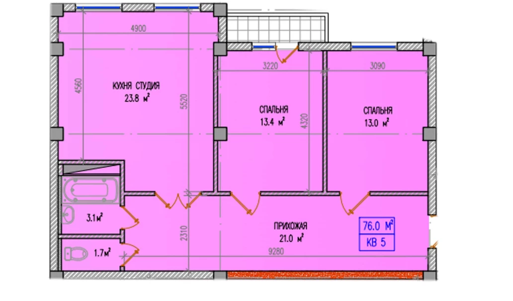 3-комнатная квартира 76 м²  7/7 этаж