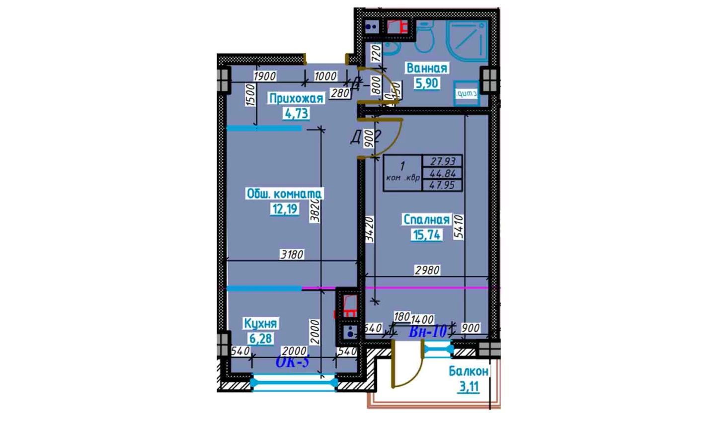 2-комнатная квартира 47.8 м²  2/2 этаж