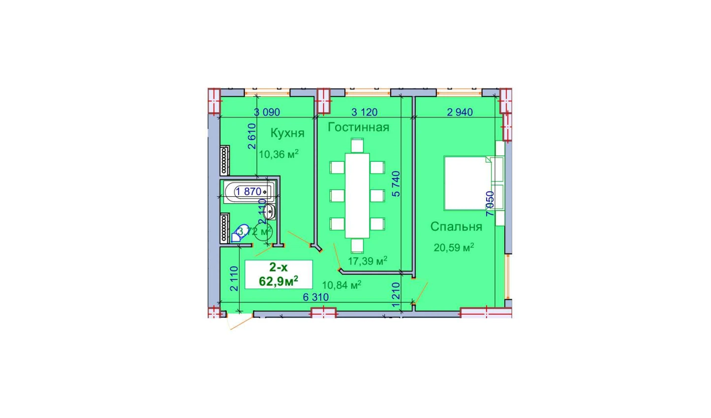 2-xonali xonadon 62.9 m²  1/1 qavat