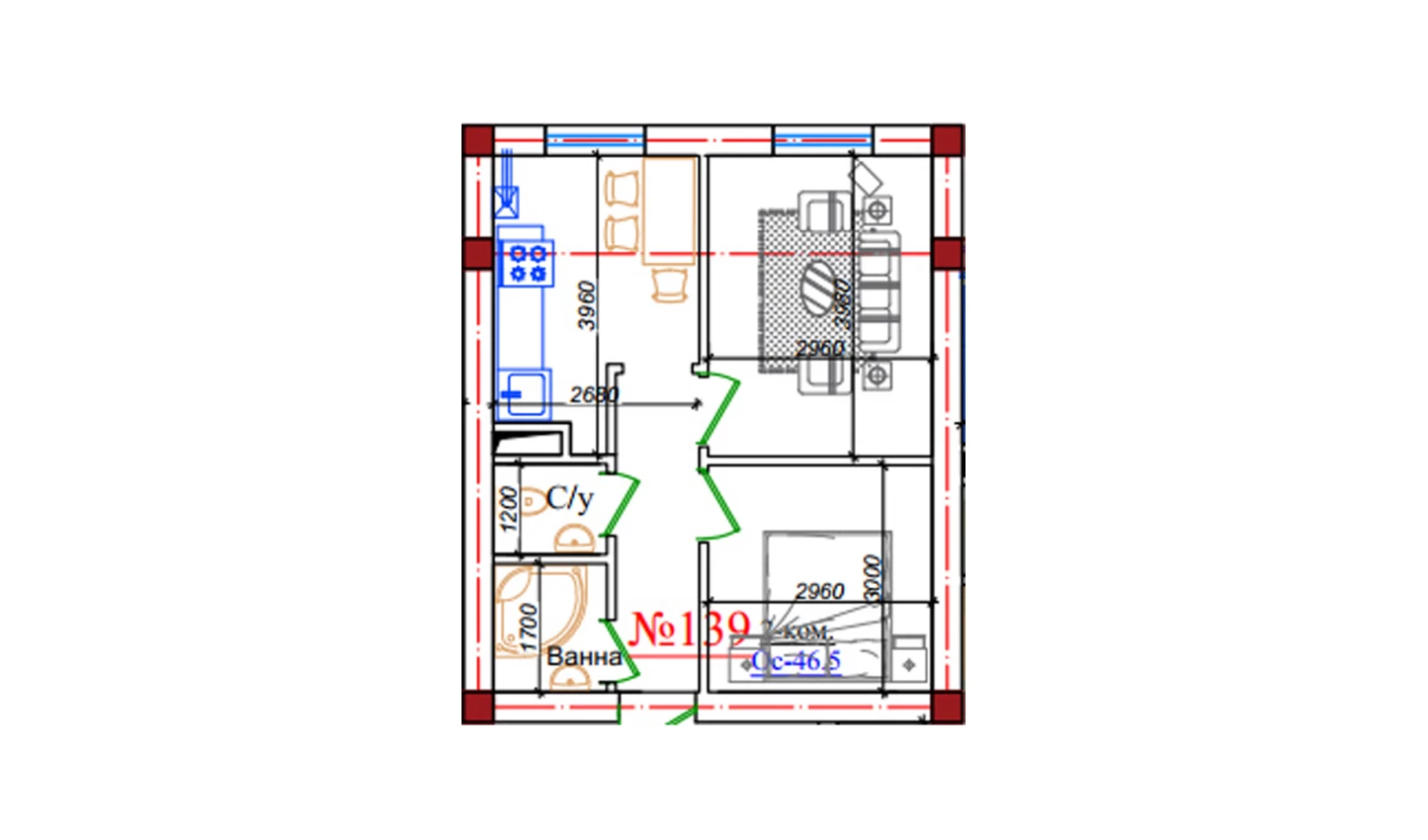 2-комнатная квартира 46.5 м²  1/1 этаж