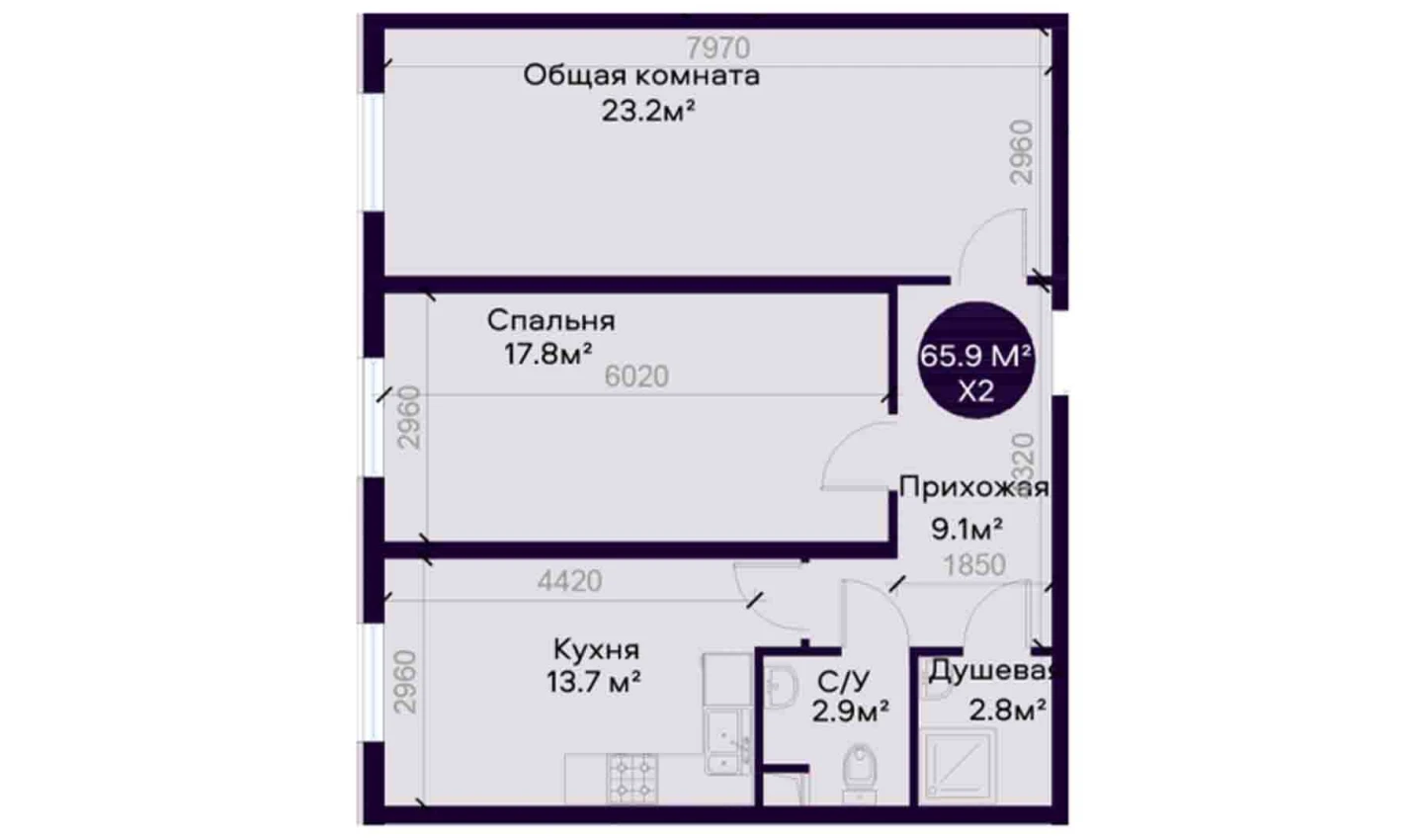 2-комнатная квартира 65.9 м²  1/1 этаж