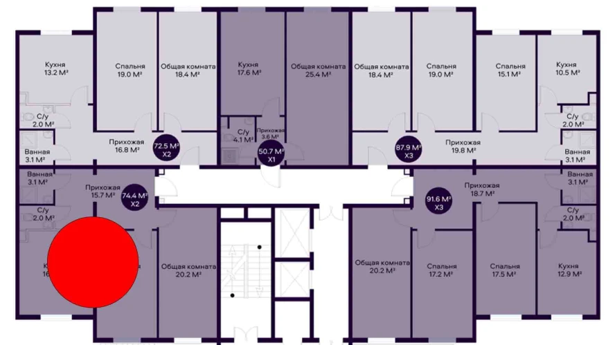 2-комнатная квартира 74.4 м²  1/1 этаж