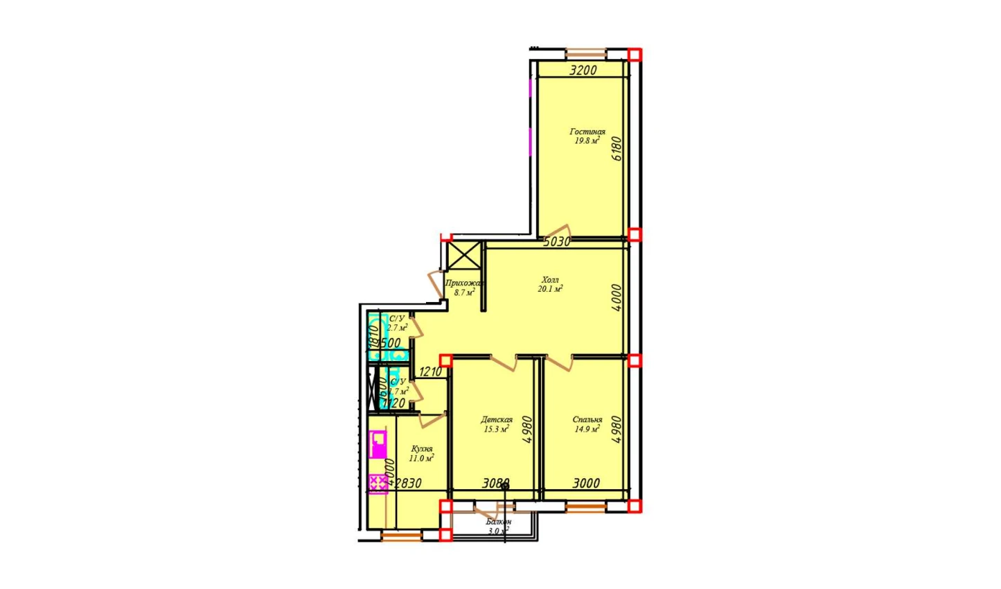 2-xonali xonadon 99.5 m²  4/4 qavat