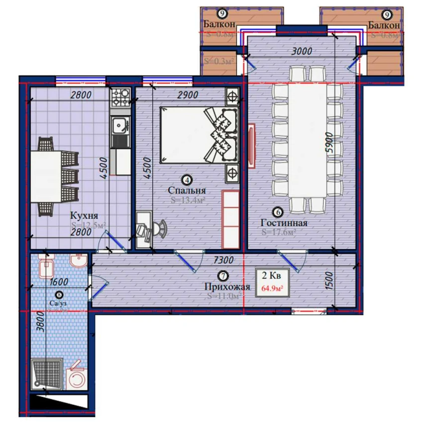 2-xonali xonadon 64.9 m²  9/9 qavat