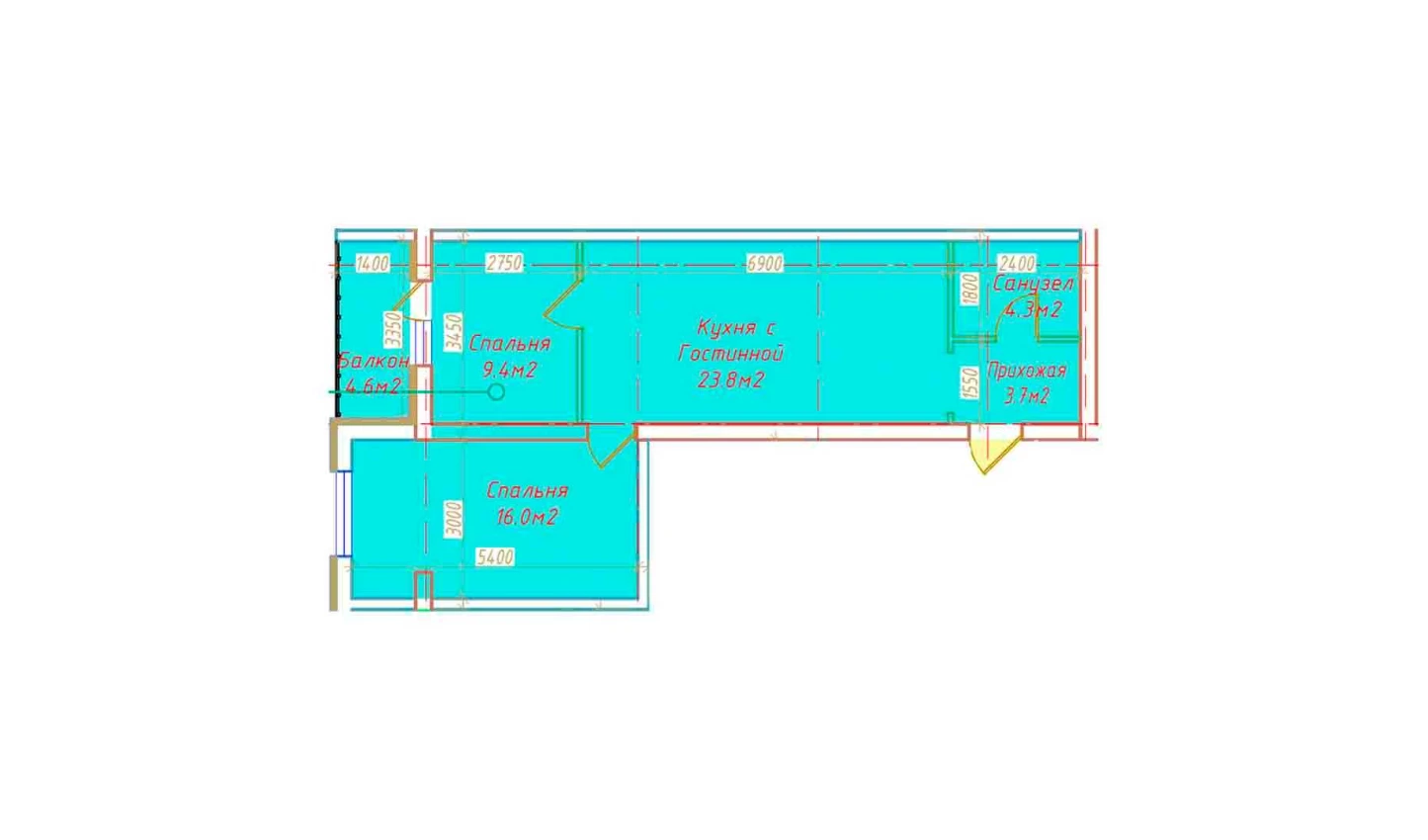 2-комнатная квартира 61.8 м²  3/3 этаж