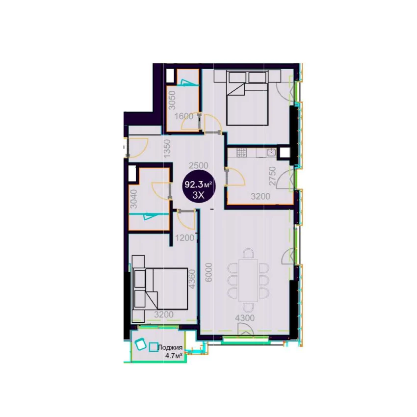 3-комнатная квартира 92.3 м²  7/7 этаж