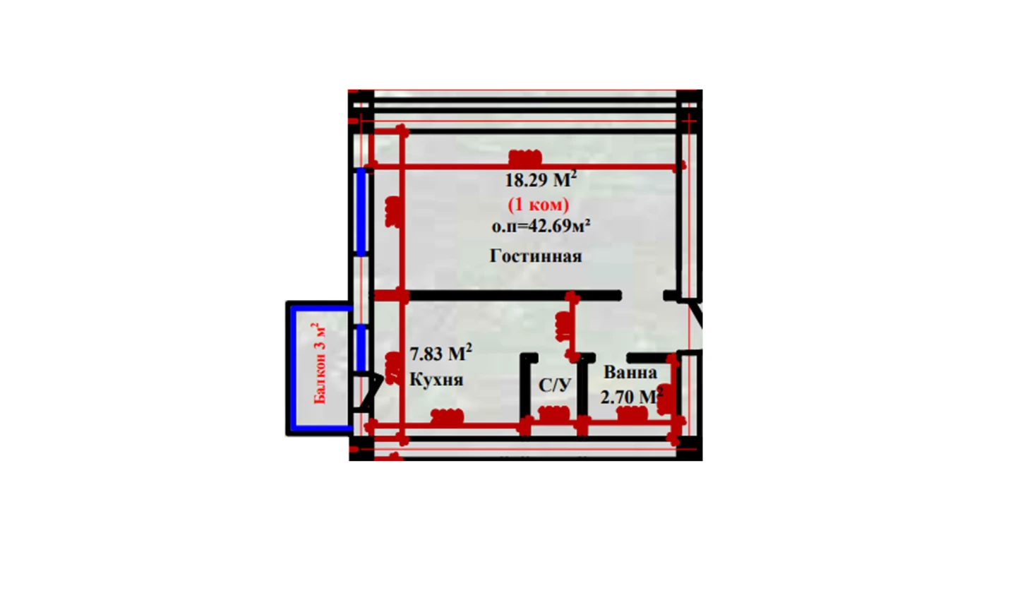 1-xonali xonadon 42.69 m²  2-9/2-9 qavat