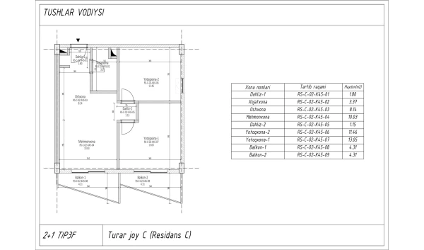 3-xonali xonadon 51.59 m²  7/7 qavat | TUSHLAR VODIYSI Turar-joy majmuasi