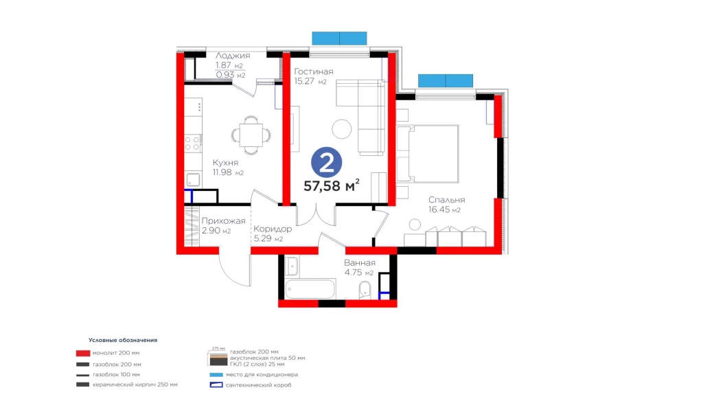 2-комнатная квартира 57.58 м²  7/7 этаж