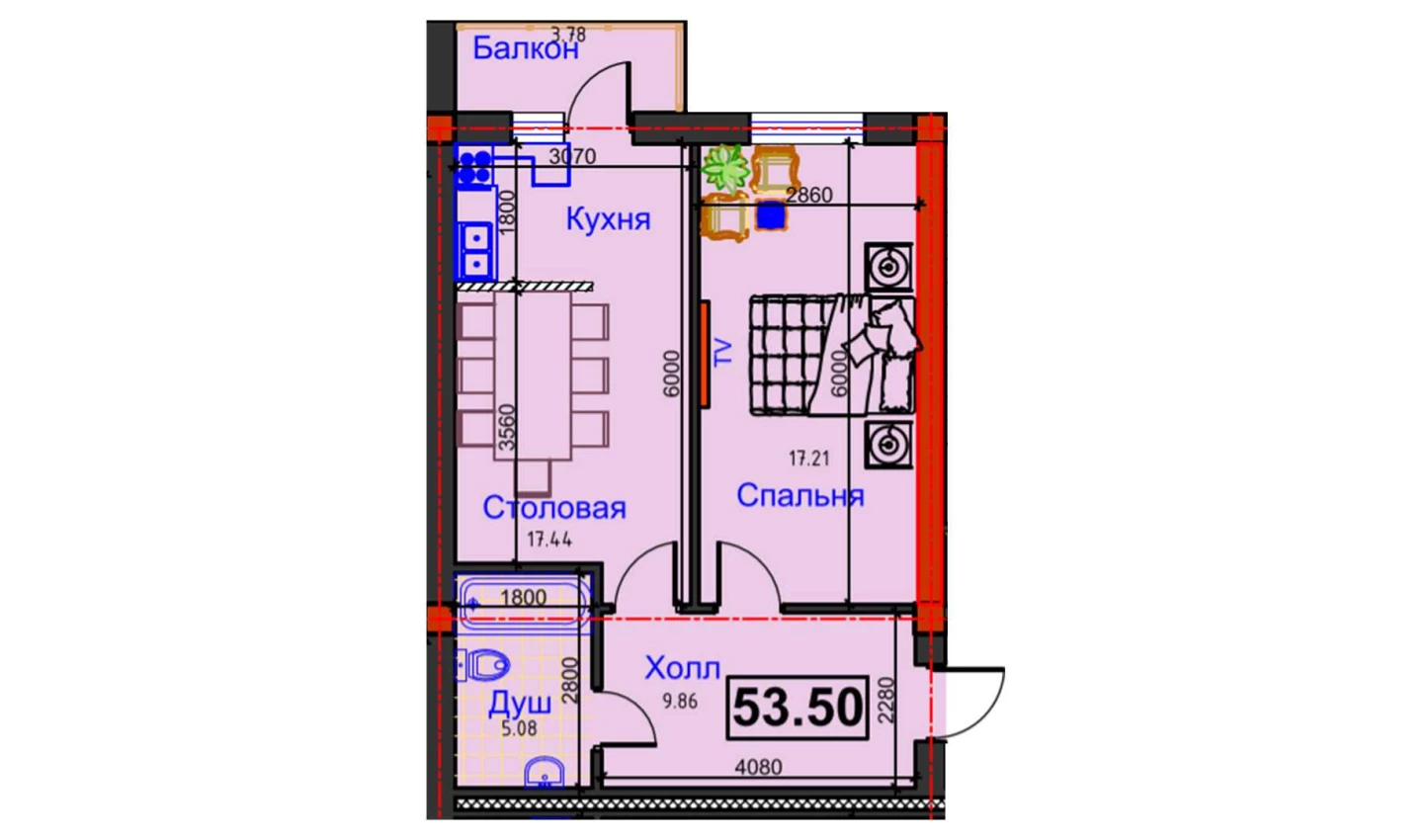 1-комнатная квартира 53.5 м²  10/10 этаж