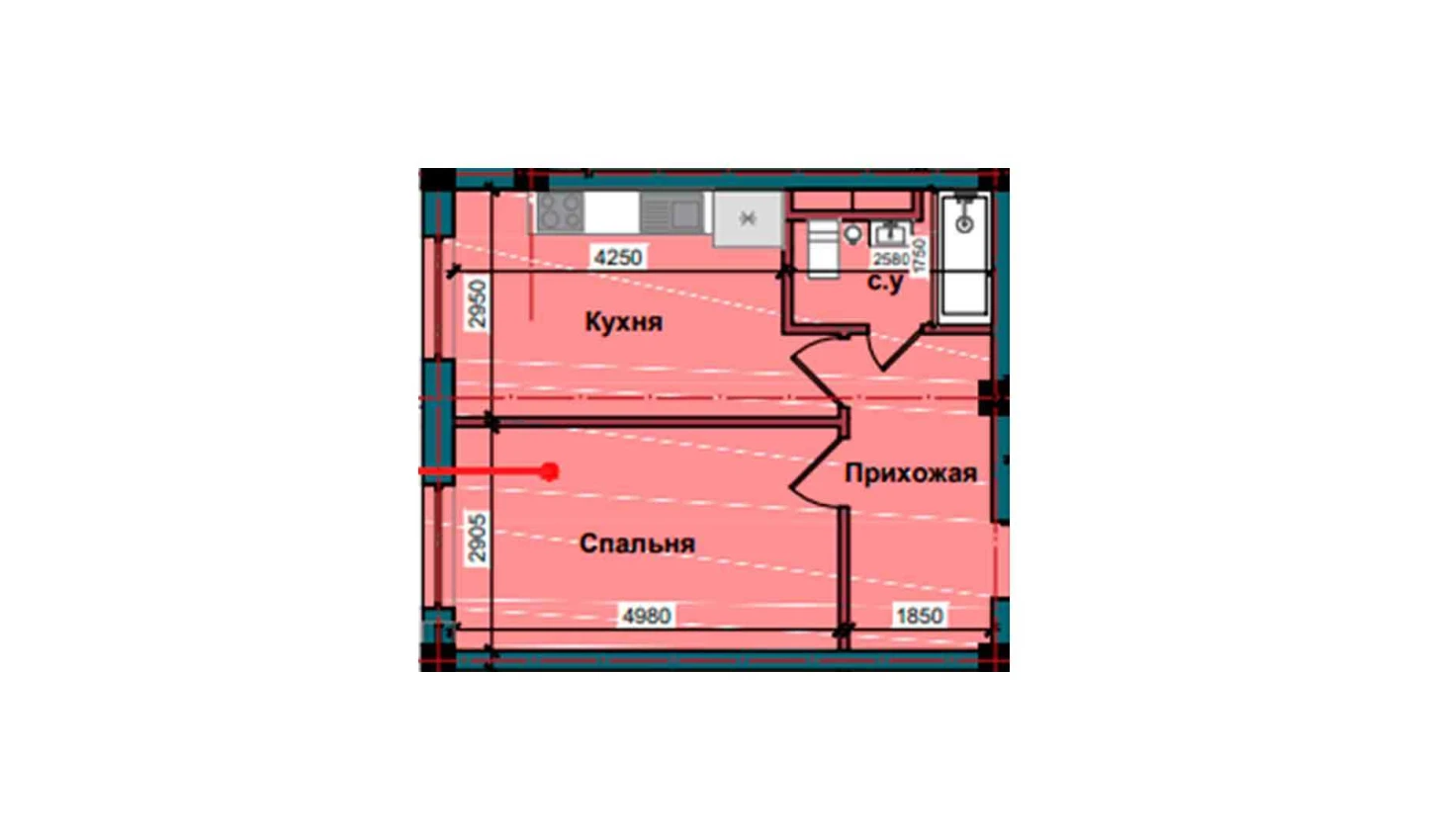 1-комнатная квартира 41.4 м²  1/1 этаж