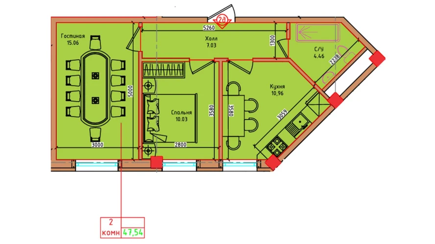 2-xonali xonadon 47.54 m²  1/1 qavat