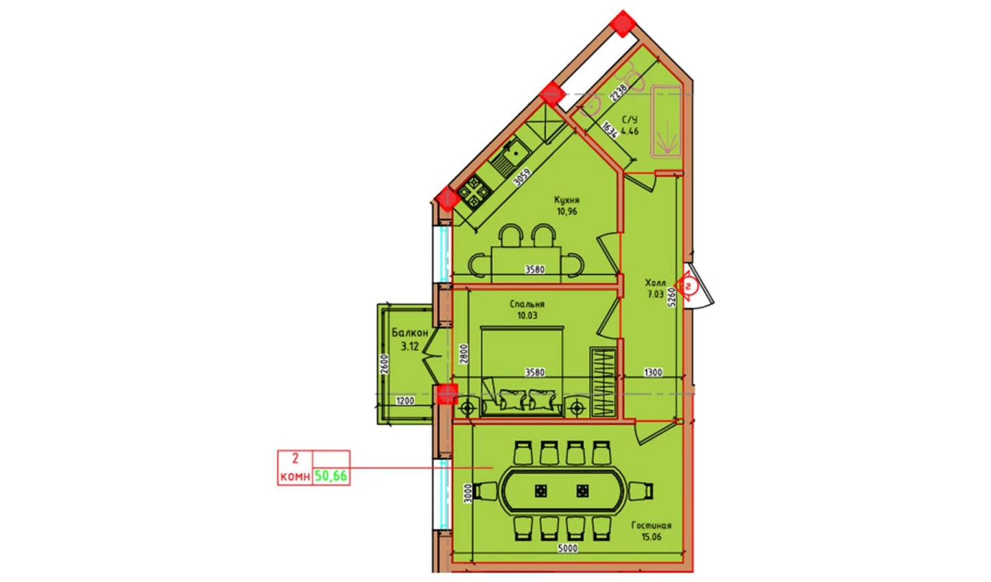 2-xonali xonadon 47.54 m²  3/3 qavat