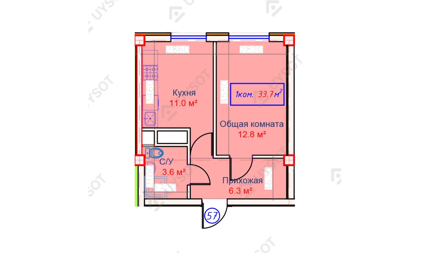 1-xonali xonadon 33.7 m²  2/2 qavat