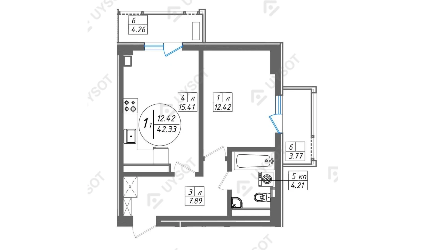 1-комнатная квартира 42.33 м²  2/2 этаж