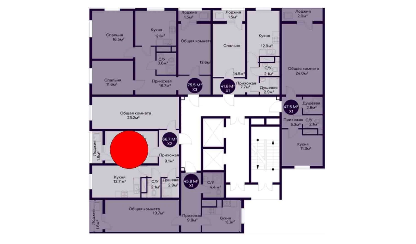 2-комнатная квартира 66.7 м²  3/3 этаж