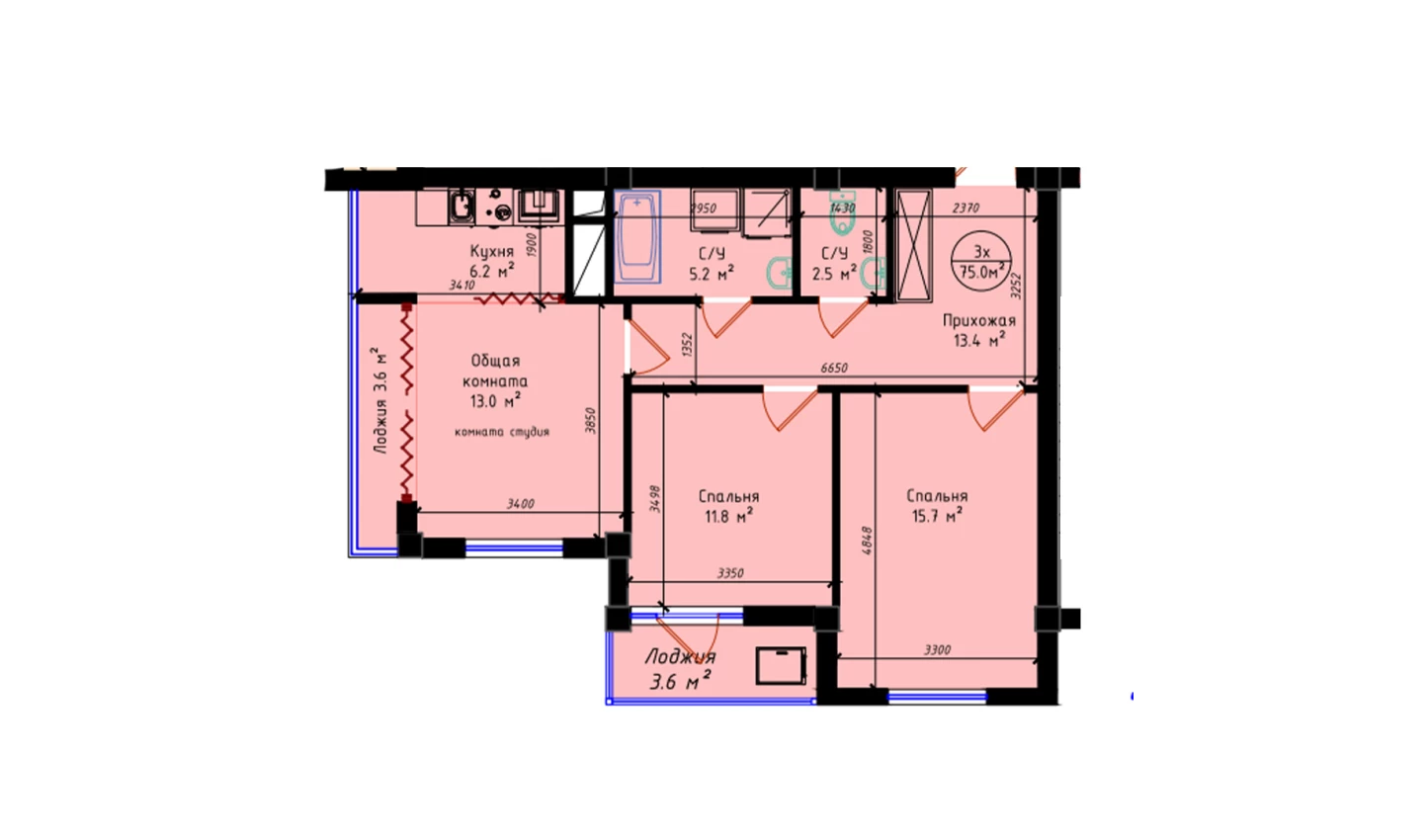 3-комнатная квартира 75 м²  1/1 этаж