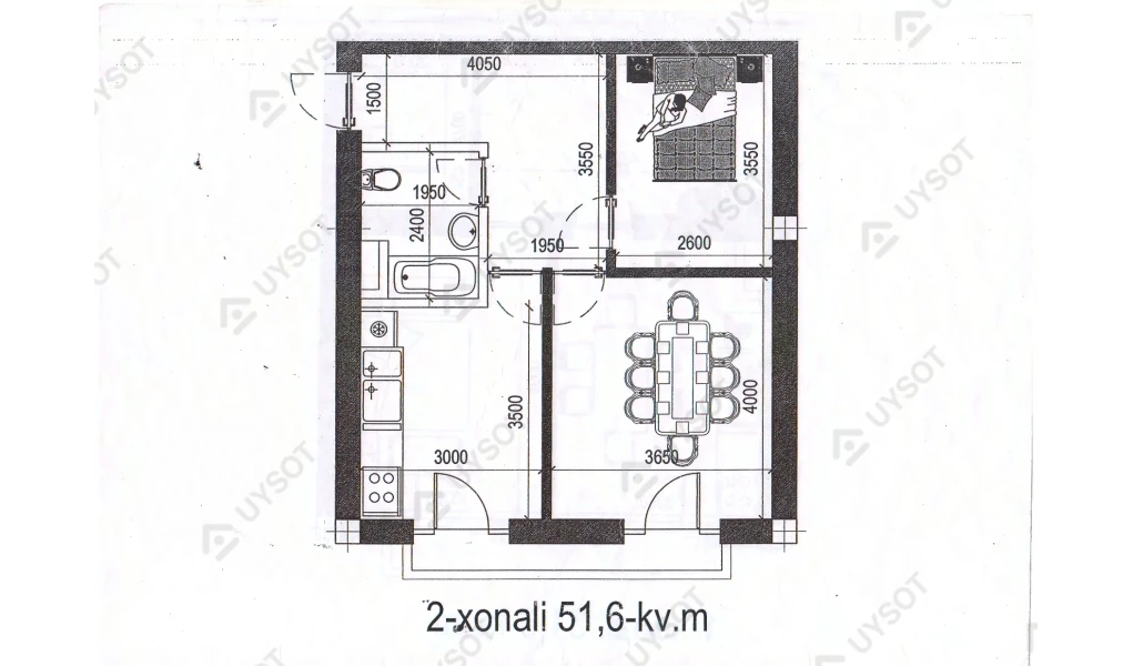 2-xonali xonadon 51.6 m²  3/3 qavat