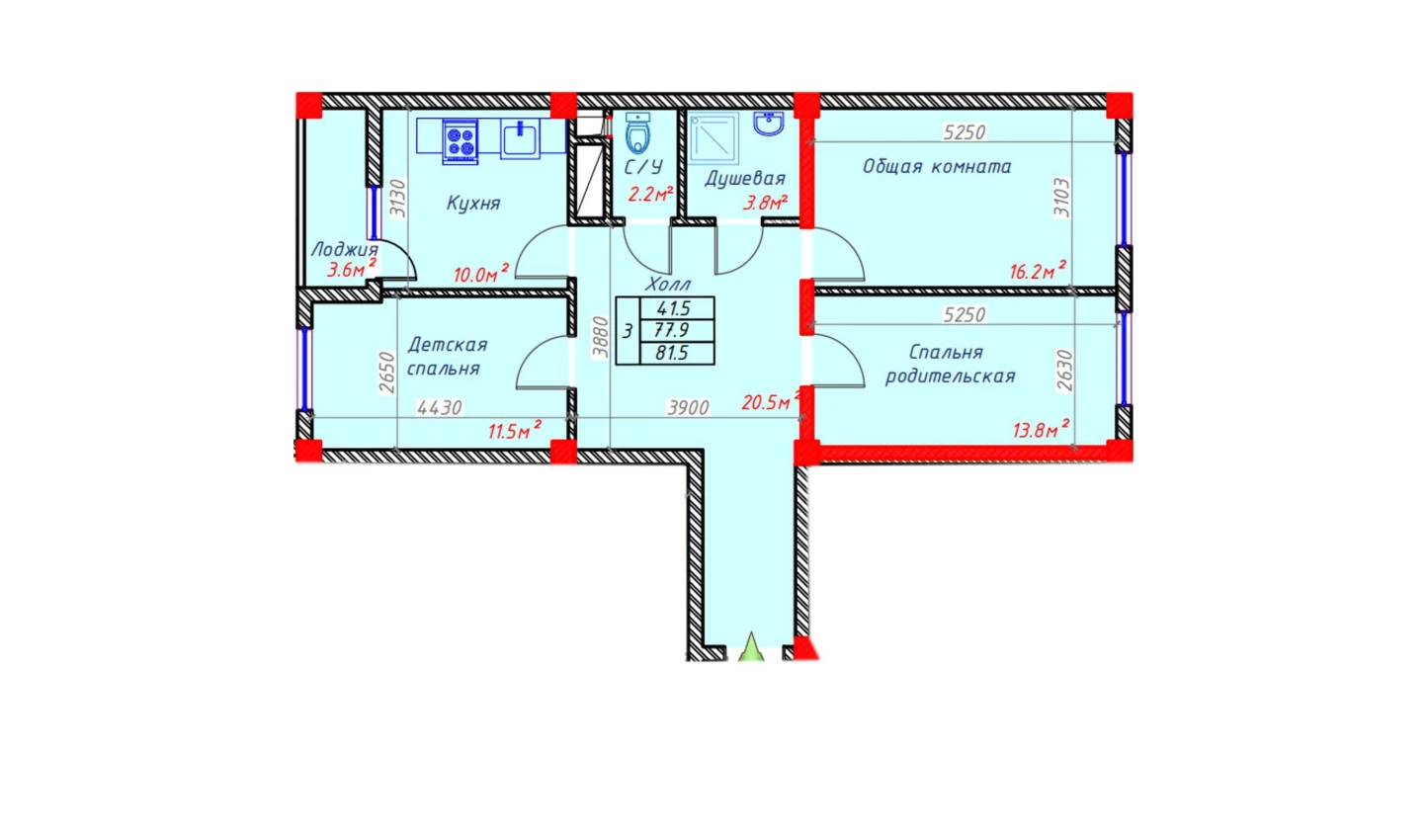 3-xonali xonadon 81.5 m²  9/9 qavat